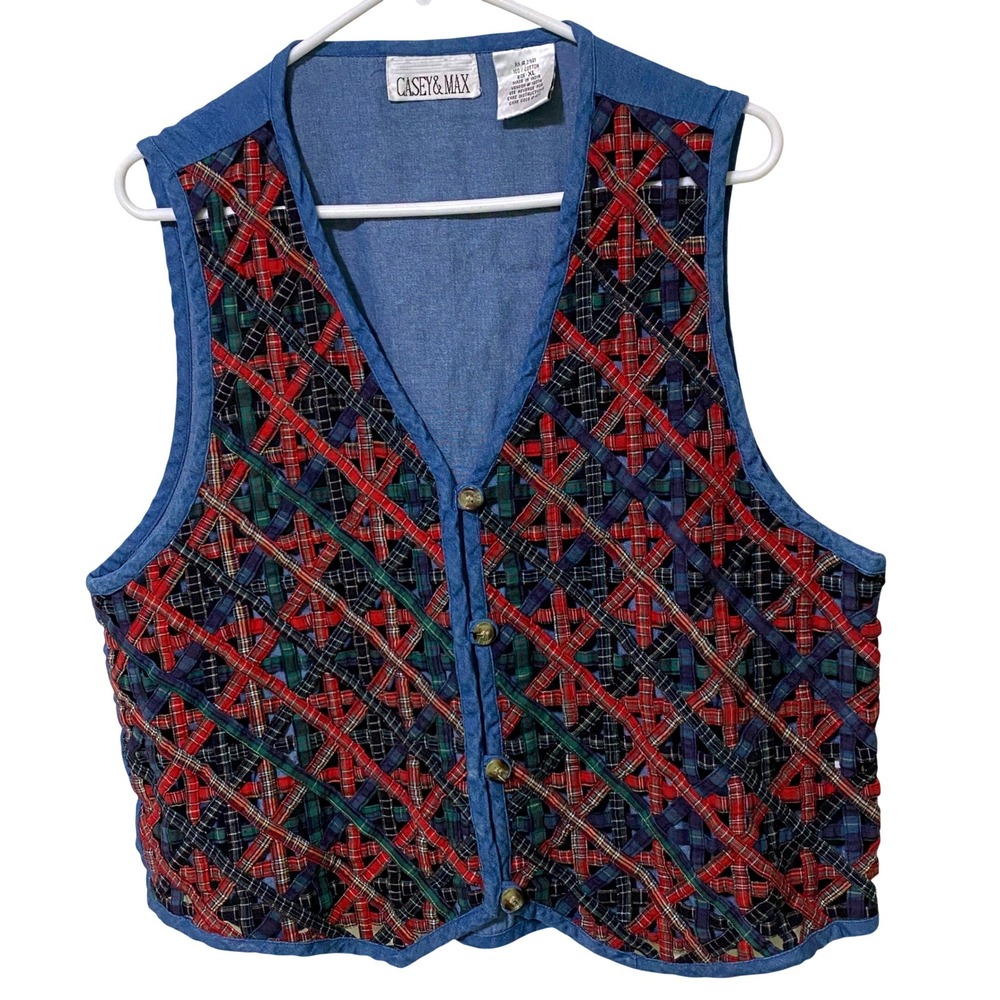 Casey & Max Vtg 90s Denim Vest Woven Plaid Lattice Front Cinch Back Blue XL